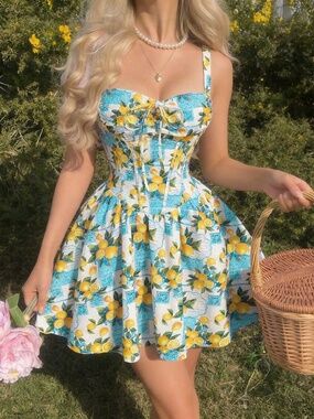 NEW! NEVER WORN! Skyraze Size Large L Lemon Print Dress Blue White lot6617